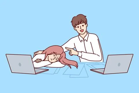 High school student boy sits at table with smile pointing at sleeping classmate Illustrazione stock
