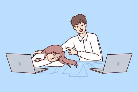 High school student boy sits at table with smile pointing at sleeping classmate Stock Illustration