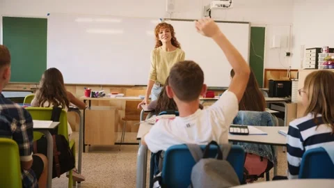 High school student raising hand to answer teacher's question Stock Footage 345113565
