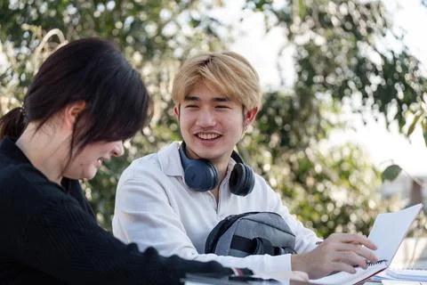 High School Students Collaborate on Homework and Projects in a Relaxed Outdoor Stock Photos