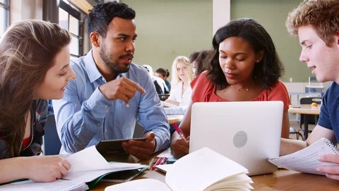 High School Students Using Laptops And Digital Tablets Working With Male Teacher Stock Footage