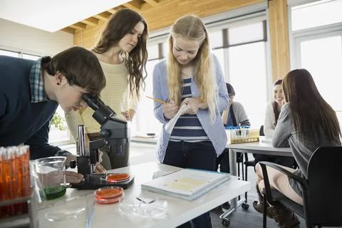 High school students using microscope in science class Stock Photos