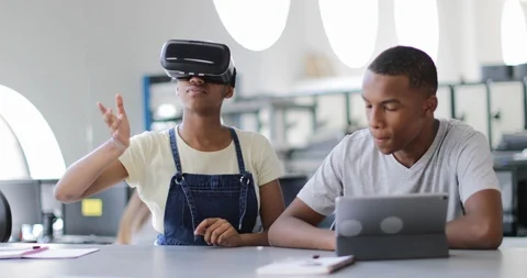 High school students using VR headset in class Stock Footage 93155577