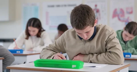 High school, test and confused student in classroom with development, attention Stock Footage 279876115