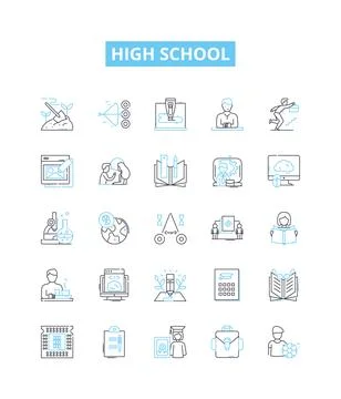 High school vector line icons set. High school, Education, Adolescence, Pupils Stock Illustration