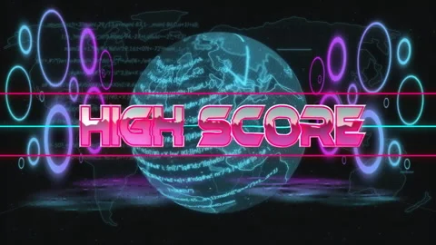 High score text animation over digital globe with neon elements Stock Footage 303793028