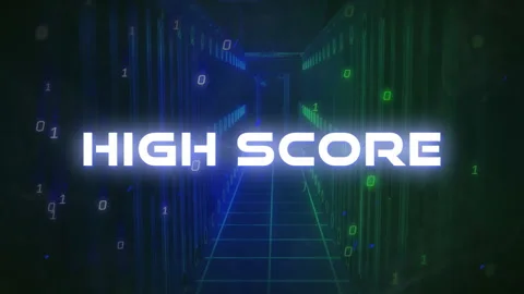 High score text animation over binary code and server room background Stock Footage 306434793