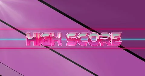 HIGH SCORE text glowing in synthwave, with cyan and pink neon lines, slanted Stock Illustration