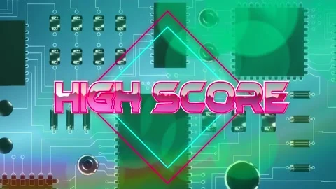 High score text on neon squares over close up of microprocessor connections on Vídeo Stock 158414265