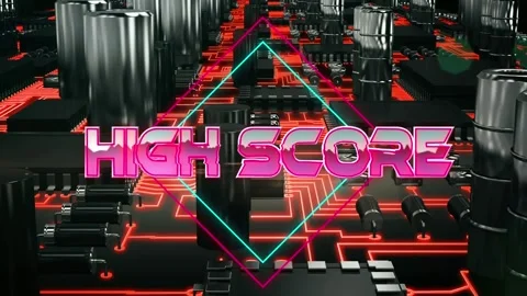 High score text on neon squares against close up of microprocessor connections Stock Footage 158414441