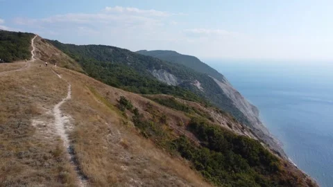 High seashore and cliffs. Tourists look at the sea Video stock 332557989