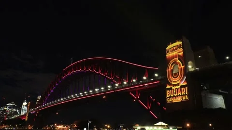 High section of Sydney Harbour bridge arch at Vivid Sydney light show in 4k. Stock Footage 200286728