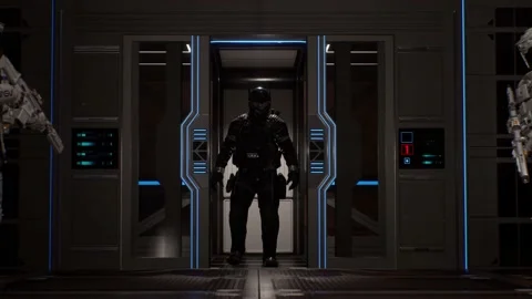 High-security elevator takes the futuristic soldier to danger Stock Footage 146714960