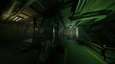 High security plant corridor illuminated with industrial equipment and mood Stock Footage 334325430