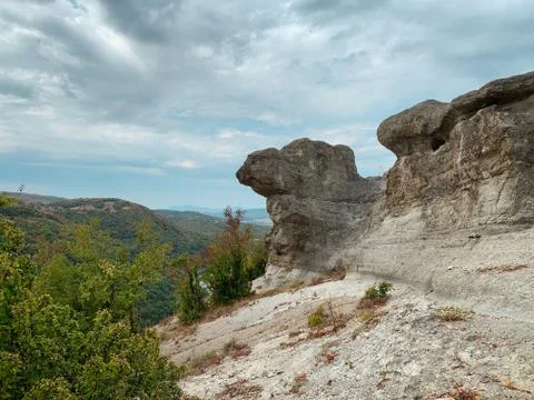 High sheer cliffs with bizarre shapes in Bulgaria Stock Photos