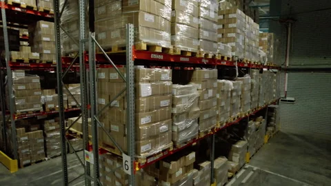 High shelf with finished products in large company warehouse Stock Footage 294202161