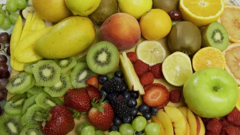 High shot over delicious, various fruits clumped together Stock Footage 341230013
