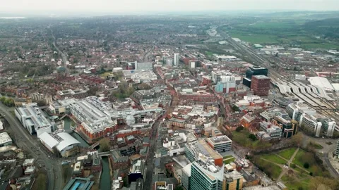 High shot over Reading Town Center Aerial shot UK Video stock 313300006