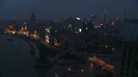 High shot, pan, city centre + river, night Stock Footage 37887777