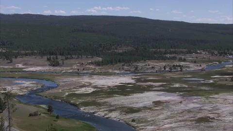 High-up shot of Yellowstone river valley, where streams fork apart and separate. Stock Footage 86756245