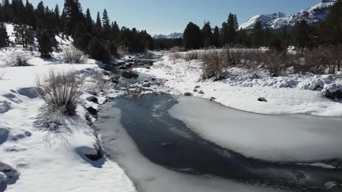 High Sierra winter river off CA ROUTE 88 Aerial View Drone Shot Stock-Footage 144121667