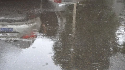 High speed 120Fps, raining rain raindrop on street water reflection Stock Footage 94517767