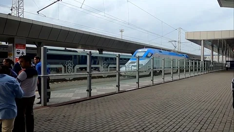 High speed bullet train Afrosiyob departing Tashkent railway station Stock Footage 335535416