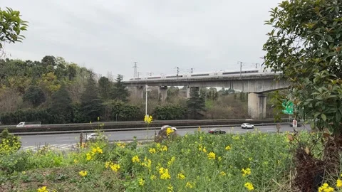 High Speed Bullet Train and Highway Traffic in Spring Chengdu 库存影片 334698331