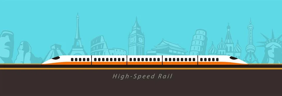 High speed bullet train coming out, modern flat design, background is landmar Stock Illustration