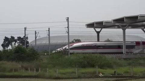 High-Speed Bullet Train Passing Station Modern Railway Infrastructure Stock Footage 342025317