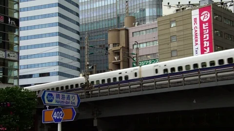  High speed bullet train Shinkansen going by modern downtown Tokyo city 日本 , 東京 Stock Footage 82417731