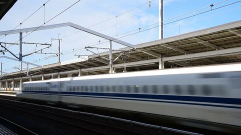 High Speed Bullet Train Shinkansen is directly crossing from railway station Stock Footage