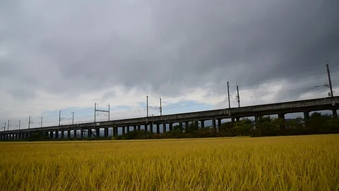 High Speed Bullet Train Shinkansen is crossing the railway bridge Stock Footage 94407741