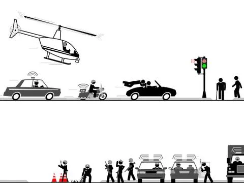 High-speed chase through the streets ending at police roadblock Stock Illustration