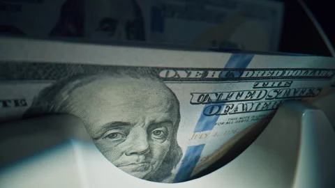 High speed checking bills stacks hundred paper notes in sharp detail indoors 스톡 동영상 332367150