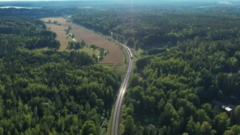 The high-speed commuter train moves on the railroad in the countryside. Stock Footage 138589174