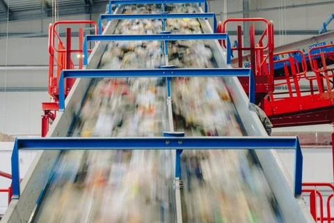 High speed conveyor system transporting waste in recycling plant Photos