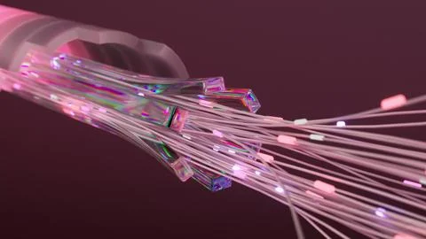 High-speed data transfer: 3d rendering of a fiber optic cable with glowing Stock Illustration
