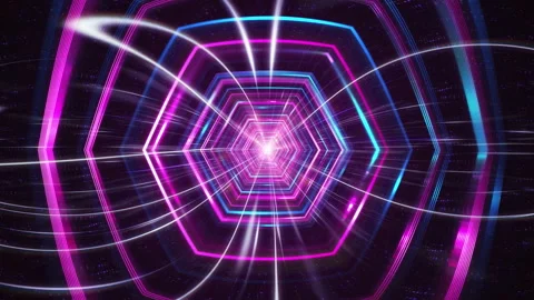 High speed of digital hexagram lights loop, fisheye lens, neon glowing rays in Stock Footage 144979515