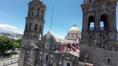 High Speed FPV Drone Dive From Above Down To Puebla Cathedral Entrance Stock Footage 342540549