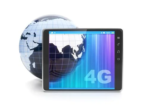 High speed internet 4g. tablet pc and the model of the earth on a white backg Stock Illustration