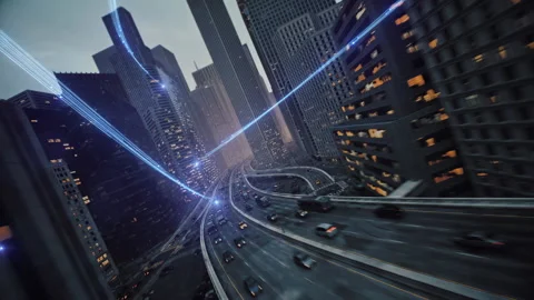 High Speed Internet Rays Passing Through Busy Downton Aerial Shot At Dusk 5g Stock Footage 206818892