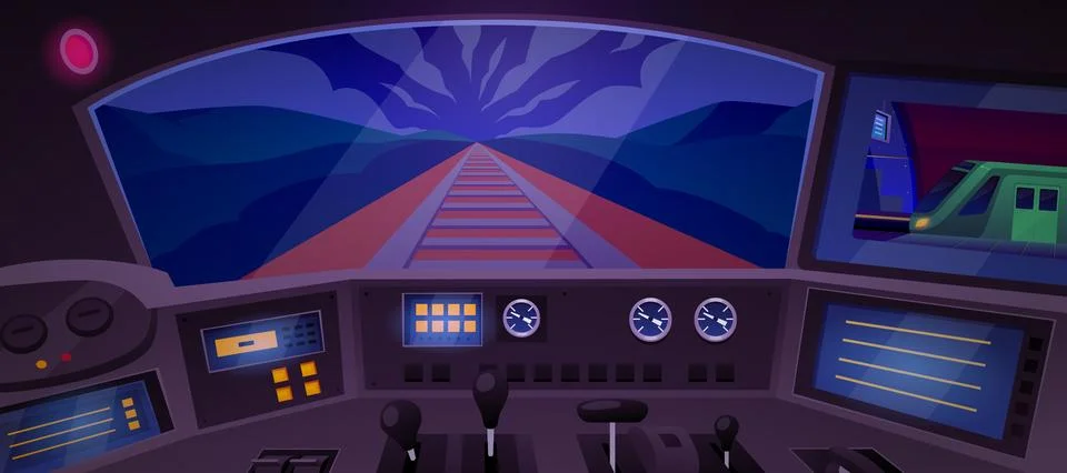 High speed metro train inside view from a cabin, control dashboard, vector flat Illustrazione stock