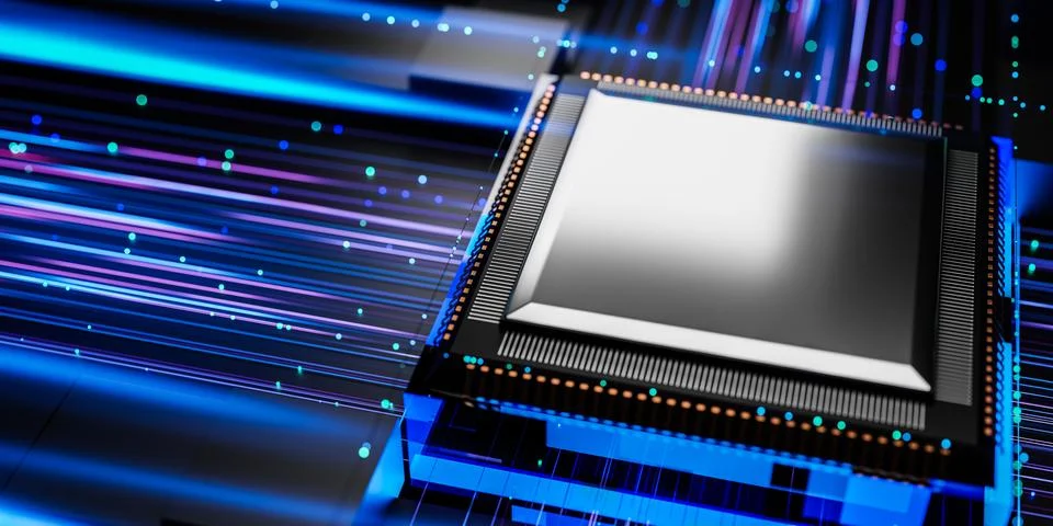 High speed microprocessor chip with dynamic glowing lines, futuristic data .. Foto stock