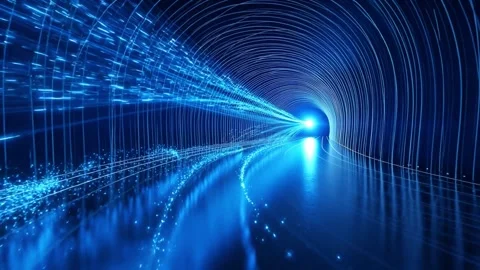High speed motion through a dark blue tunnel with bright light Stock Footage 330336133
