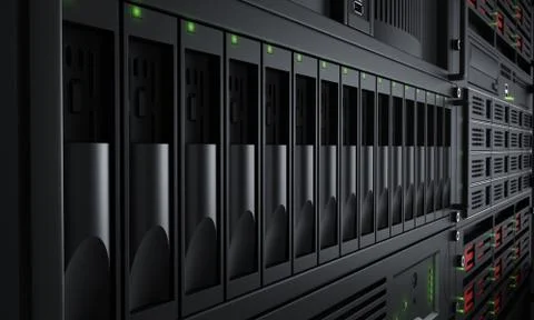 High speed network server database rack enclosure cabinet close up Stock Photos