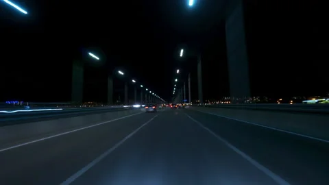 High Speed On The Night Road Fast Car Hyperlapse Car Driving Through City Trip Stock Footage 145469105