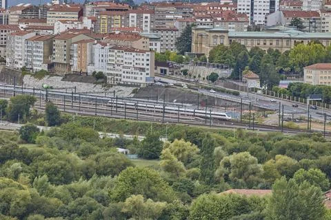 High speed passenger train passing through Santiago de Compostela Stock Photos