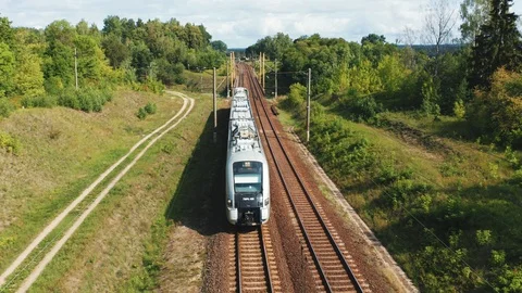 High Speed Passenger Train on Railway Tracks, Aerial View. Stock Footage 114315289