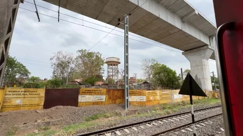 High speed rail construction zone with viaduct project information boards Stock Footage 332766618